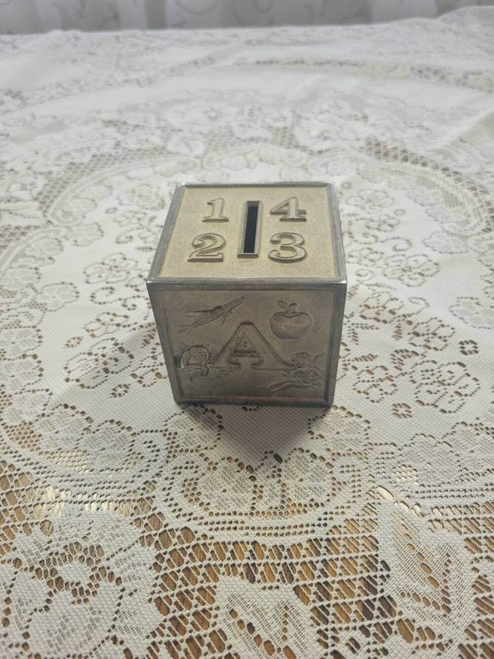 Vintage Silverplate Baby Block Bank ABC 123 Nursery Decor Keepsake Gift